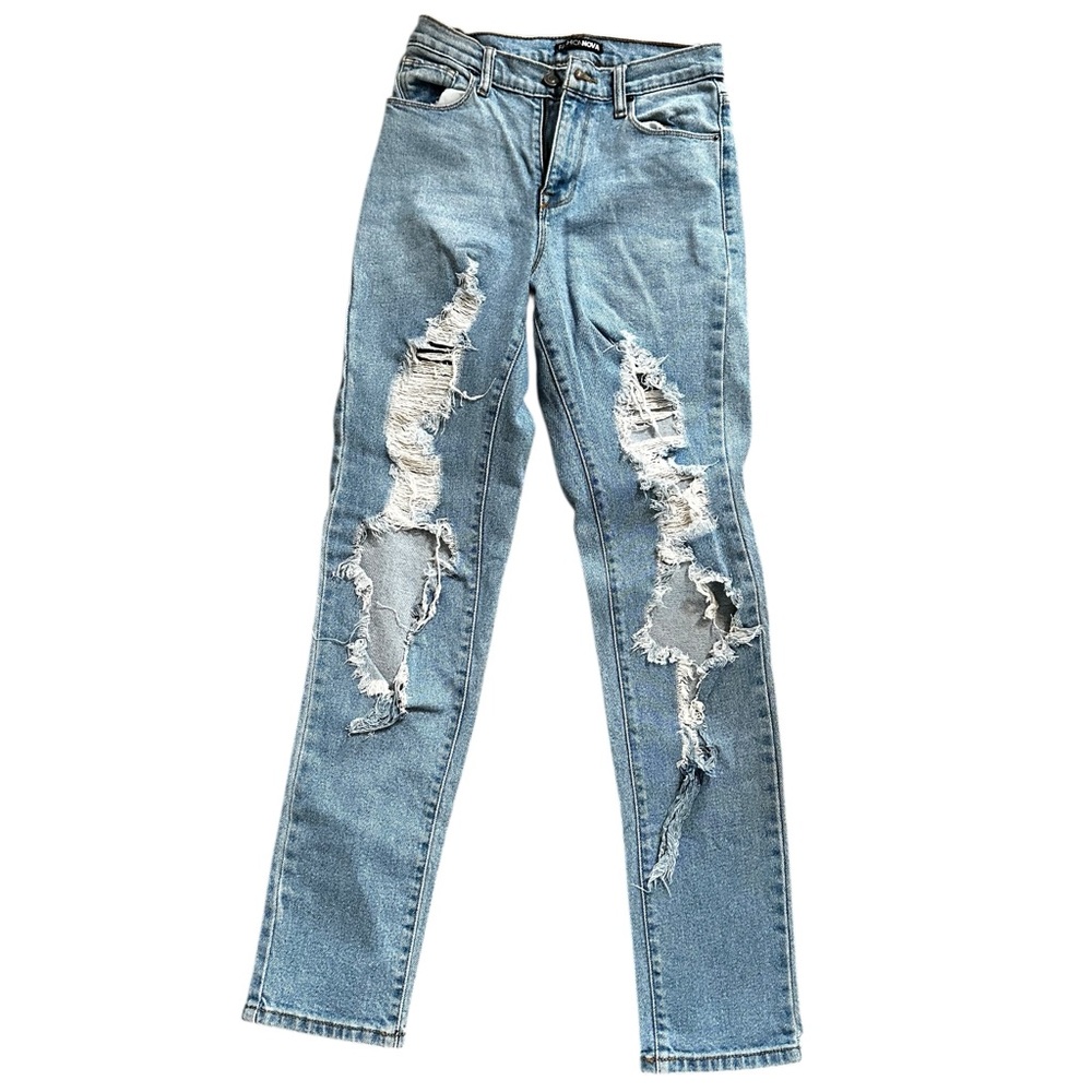 Fashion Nova straight leg distressed medium blue wash jeans women size 0